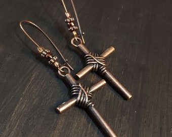 Dark Copper Antiqued Cross Earrings, Long Dangle Earrings, Metal Earrings