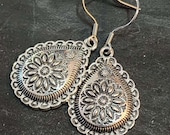 Silver Concho Teardrop Earrings, Small Southwestern Flower Dangle Earrings, Stainless Steel Ear Wires
