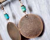 Large Copper Disc Earrings, 33mm Circle Earrings, Turquoise Earrings, Round Dangle Earrings, Lightweight Earrings