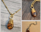 Tortoise Glass Teardrop Pendant, Transparent Amber Glass Necklace, Boho, Brass Wire Wrapped, Goth, Glass Earrings