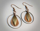 Dainty Mixed Metal Earrings, Layered Handmade Copper Teardrop Earrings with Leaf, Bronze Earrings
