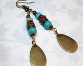 Long Stacked Bead Earrings, Boho Teardrop Earrings, Turquoise Red Antiqued Bronze Trendy Neutral Dangle Earrings Rustic Handmade Jewelry