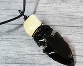Calcite with Black Obsidian Arrowhead Necklace For Men Women, Black Adjustable Length Cord Arrow Head Pendant for Men real Protection