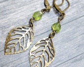 Natural Peridot Handmade Earrings, Antiqued Bronze Leaf Earrings, Boho Dangle Earrings for Women August Birthstone Green