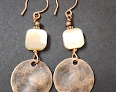 Boho Round Earrings, Copper Circle Earrings, White Mother of Pearl Earrings for Women, Long Earrings, Circles Earrings, Shell Earrings