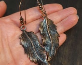 Large Copper Feather Earrings, 3.5 Inch Feather Earrings, Long Dangle Drop Earrings 55mm Feathers