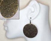 Amazing Large Bronze Disc Earrings, Boho 38mm Circle Earrings, Antiqued Brass Round Dangle Earrings