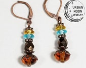 Blue and Topaz Yellow Glass Bead Earrings, Copper Earrings, Boho Dangle Earrings for Women, Cute Southwestern Earrings