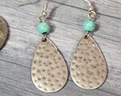 Hammered Silver Teardrop Earrings | Turquoise Bead Accent Earrings | Bohemian Dangle Earrings