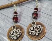 Copper Boho Earrings, Red Earrings, Silver Dangle Drop Earrings, Antiqued Copper Jewelry, Copper Dangle Earrings, Czech Glass Circle
