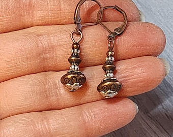 Small Copper Mixed Metal Earrings, Bead Drop Boho Tiny Treasures