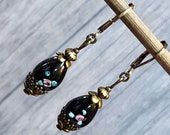 Elegant Black Floral Glass Earrings, Boho Vintage Bead Dangle Earrings for Women, Dainty Drop Earrings