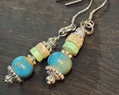 Turquoise Earrings, Small Boho Dainty Lightweight Dangle Earrings, Ceramic and Terra Jasper