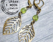 Natural Peridot Handmade Earrings, Antiqued Bronze Leaf Earrings, Boho Dangle Earrings for Women August Birthstone Green