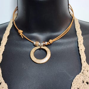 Boho Coconut Wood Pendant Necklace: Adjustable Leather Cord