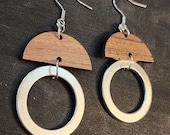 Modern Wood Earrings, Silver 27mm Circle Earrings, Boho Round Dangle Earrings