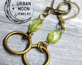 Faceted Peridot Handmade Earrings, Antiqued Bronze Bead Hoop Earrings, Boho Dangle Earrings for Women August Birthstone Green