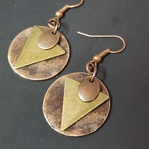 Geometric Earrings, Copper Earrings, Retro Earrings, Mixed Metal Drop Earrings, Brass Earrings, Cold Joined Jewelry, Layered Earrings
