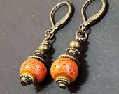 Cute Orange Earrings, Ceramic Earrings, Handmade Clay Earrings, Boho Bead Earrings, Green Dangle Earrings for Women Drop Earrings