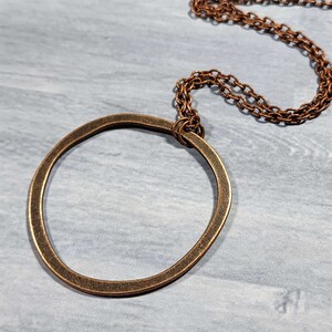 Long Boho Copper Circle Necklace, 28 Inch Antiqued Copper Layering Necklace, Large Pendant Vintage Rustic Style