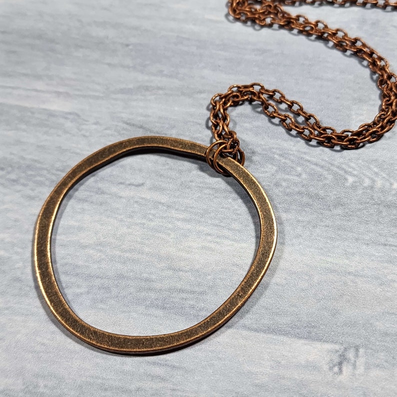 Long Boho Copper Circle Necklace, 28 Inch Antiqued Copper Layering Necklace, Large Pendant Vintage Rustic Style