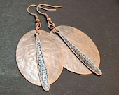 Hammered Copper Oval Earrings with Long Drops, Large Boho Earrings, Large Dangle Earrings, Lightweight Earrings