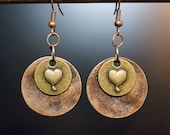 Cute Heart Earrings, Circles Mixed Metal Rustic Copper Earrings, Drop Earrings, Bronze Earrings, Valentines Layered Earrings