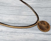 Minimalist Leather Necklace, Copper Circle Pendant Necklace, Round Disc Pendant