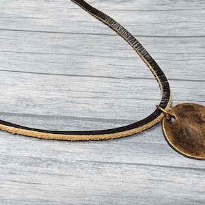 Minimalist Leather Necklace, Copper Circle Pendant Necklace, Distressed Round Disc Pendant