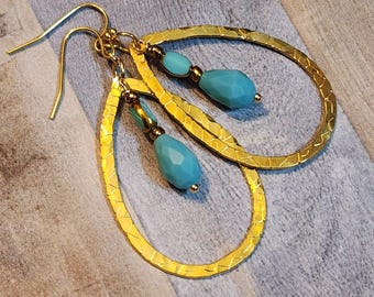 Gold Teardrop and Turquoise Earrings, Hammered Dangle Textured Earrings
