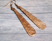 Long Copper Earrings, 3 Inch Hammered Teardrop Dangle Earrings, Handmade Southwestern Jewelry