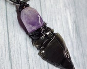 Black Obsidian Arrowhead and Amethyst Necklace For Men Women, Black Adjustable Length Cord Arrow Head Pendant for Men real Protection Stone