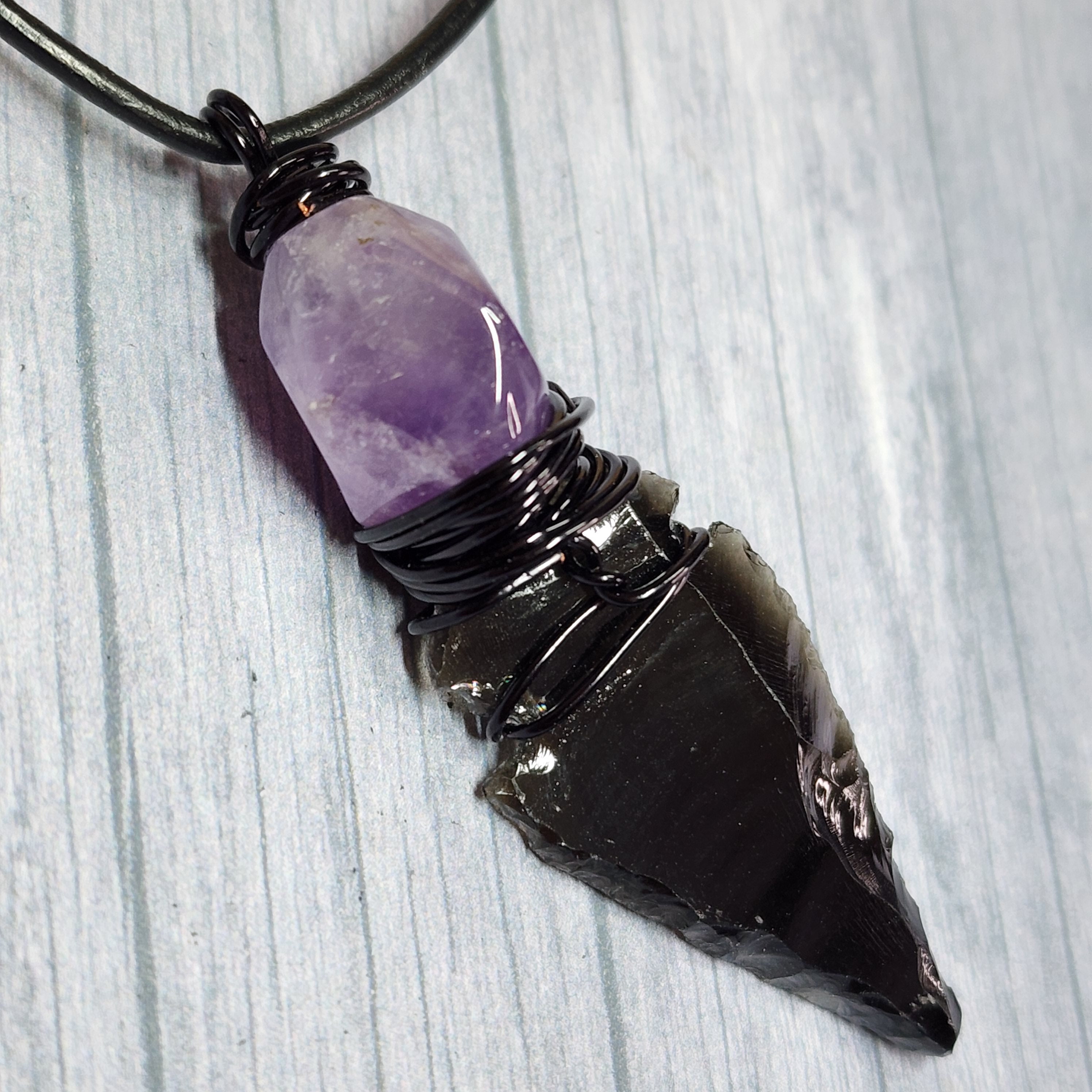 Black Obsidian Arrowhead and Amethyst Necklace for Men Women