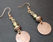 Boho Copper Earrings, Beaded Mixed Metals Circle Earrings Bronze Accents, Round Dangle Drop Earrings Handcrafted