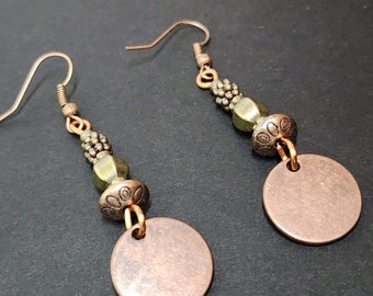 Boho Copper Earrings, Beaded Mixed Metals Circle Earrings Bronze Accents, Round Dangle Drop Earrings Handcrafted