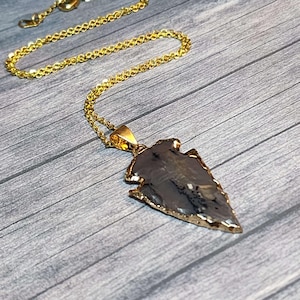 Gold Trimmed Stone Arrowhead Necklace: Minimalist Protection Amulet