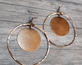 Extra Large Copper Disc Earrings, Hoop Earrings, Antiqued Copper Circle Earrings, Round Dangle Earrings, Lightweight Earrings