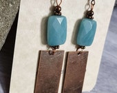 Long Earrings, Amazonite Earrings, Boho Earrings, Copper Earrings, Turquoise Blue Jewelry, Large Copper Dangle Drop Earrings, Geometric