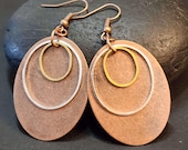 Copper Oval Earrings, Large Boho Mixed Metal Earrings, Large Dangle Earrings, Lightweight Earrings