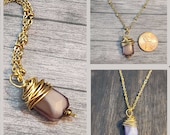 Purple Glass Pendant, Mauve Transparent Glass Necklace, Boho, Brass Wire Wrapped