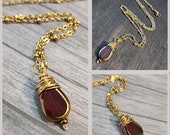 Gold Glass Teardrop Pendant, Transparent Red Necklace, Boho, Wire Wrapped, Goth, Czech Glass Necklace Earrings