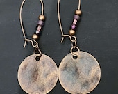 Long Boho Copper Earrings with Glass Bead Accents, Circle Disc Earrings, Colorful Fun Earrings