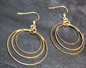 Gold Triple Hoop Earrings, 30mm Handmade Hoops, Minimalist Lightweight Earrings, Surgical Steel Earrings, Hypoallergenic