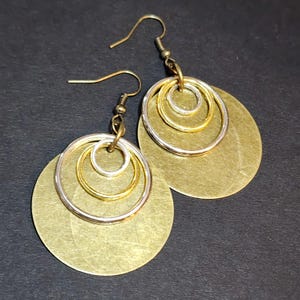Mixed Metal Circle Earrings, Bronze Gold Silver Open Ring Dangle Earrings, Womens Earrings
