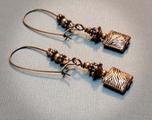 Dainty Artisan Copper Earrings with Bead Accents, Rectangle Dangle Drop Earrings; Long Small Boho Earrings