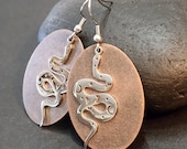 Copper Oval Earrings with Silver Snakes, Witchy Mixed Metal Earrings, Large Dangle Earrings, Lightweight Earrings