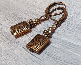 Small Engraved Copper Mixed Metal Earrings, Rectangle Bead Drop Boho Tiny Treasures Jewelry