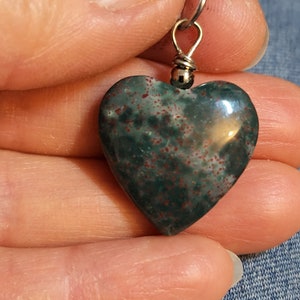 Green Bloodstone Heart Necklace Red Speckles Silver Chain, India Bloodstone Heart Pendant Protection Amulet Jewelry