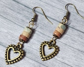 Cute Boho Heart Earrings, Rustic Heart Earrings, Dangle Heart Earrings, Little Heart Earrings, Bronze Heart Earrings, Turquoise Hearts