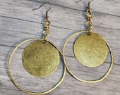 Extra Large Bronze Disc Earrings, 2 Inch Hoop Earrings, Antiqued Brass 50mm Circle Earrings, Round Dangle Earrings, Lightweight Earrings